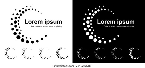 Abstract background  with dynamic halftone dots in spiral. Black shape on a white background and the same white shape on the black side. Triangles, Stars, Hexagons templates on bottom.