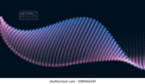 Abstract background with dynamic particles sound wave. Vector abstract dark background. Mesh of glowing dots, beautiful illustration.