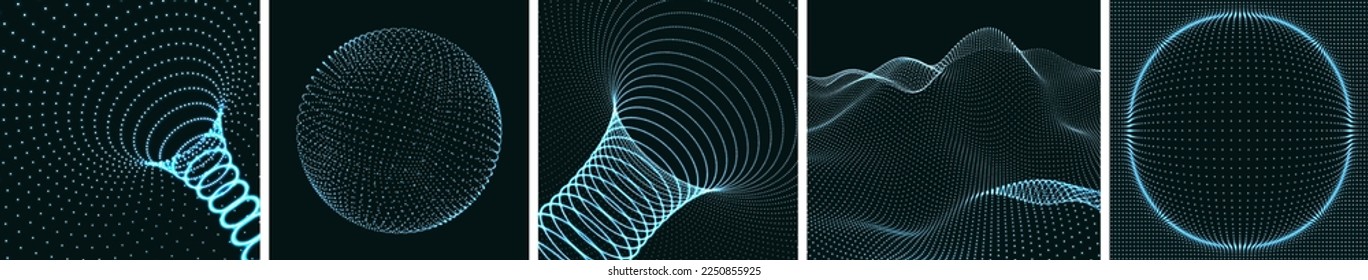 Abstrakter Hintergrund mit dynamischen Partikeln. Tunnel. Bereich, der aus Punkten besteht. Felsen, Berge und Hügel. Globale digitale Verbindungen. 3D-glühende Gitteroberfläche. Wasserwellen. Vektorgrafik.