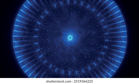 Abstract background with dynamic wave. Circular wave of dots. Musical sound wave. Dark background. Big data visualization. Plexus. Vector illustration.