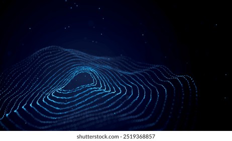 Abstract background with dynamic wave. Circular wave of dots. Musical sound wave. Dark background. Big data visualization. Plexus. Vector illustration.