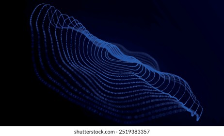 Abstract background with dynamic wave. Circular wave of dots. Musical sound wave. Dark background. Big data visualization. Plexus. Vector illustration.