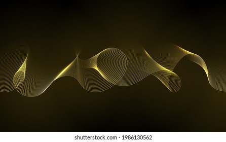 Abstract background with dynamic waves. Black stylish wallpaper with golden lines. Stylized element for design. Vector illustration.