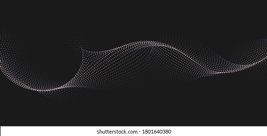 Abstract background with dynamic waves, line and flowing particles on black background. Digital future technology concept. Vector illustration. 