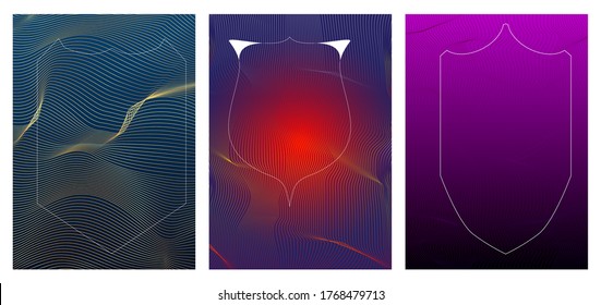 Abstract background with dynamic waves and shields. Modern colored protection banner, book cover template design. Trendy vector poster illustration.