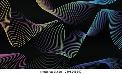 Abstract background with dynamic wavy lines and vibrant gradient colors on black backdrop creates modern minimalist design perfect for digital presentations and creative projects