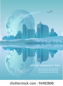 Abstract background with Earth, buildings and airplane in blue tones