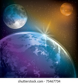 abstract background with earth moon and mars in the space