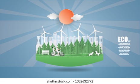 Abstract background Eco earth day and world environment day with Green city,paper craft  and illustration.