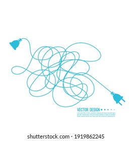 Abstract background with electric plug and tangled cable. Vector illustration isolated on white background. The concept of chaos, confusion, disconnect.