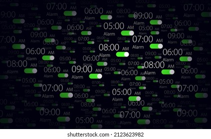 Abstract background electronic alarm clock. Vector illustration of a set of information icons with an image of the alarm time.