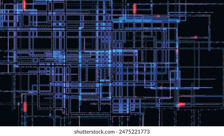 Abstract background of electronic subway map, neon lines move along a given route and create schematic animation. Transport interchange. Abstract multi-colored intersecting lines. 3D Vector