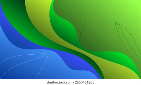 ABSTRACT BACKGROUND ELEGANT BLUE GREEN GRADIENT SMOOTH LIQUID COLORFUL WITH HAND DRAWN SHAPES LEAF DESIGN VECTOR TEMPLATE GOOD FOR MODERN WEBSITE, WALLPAPER, COVER DESIGN 