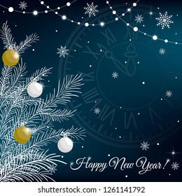 Abstract background with elegant firtree and colorful baubles, snow and clock. It can be used as an invitation, poster, banner, postcard the New Year, Christmas. Vector illustration.