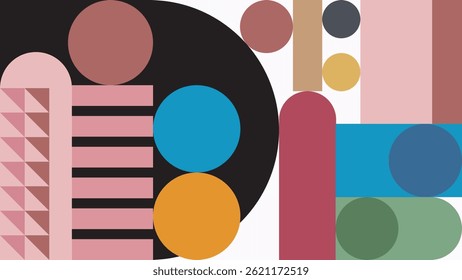 ABSTRACT BACKGROUND ELEGANT FLAT COLORFUL WITH GEOMETRIC ART BAUHAUS SHAPES DESIGN VECTOR TEMPLATE 