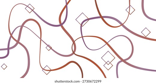 Fundo abstrato com linhas onduladas elegantes, fluindo em marrom e roxo, graciosamente entrelaçando em uma tela branca. Formas de diamante disperso fornecem um contraste geométrico sutil, criando um padrão visual moderno e dinâmico.