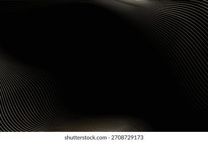 Abstract background with elegant and luxurious wavy gold line pattern. Golden elegant wavy gold line pattern on black background. Abstract luxury gold blend wave lines.