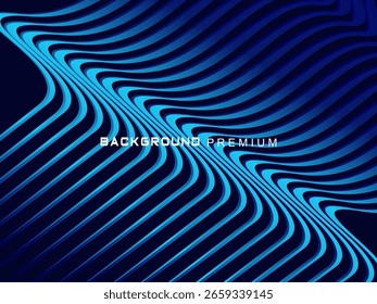 Fundo abstrato com ondas elegantes de listras azuis gradientes, criando a ilusão de profundidade e movimento.