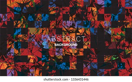 Abstract background with elements of cobwebs and strokes. sharp forms of paints and stains on the background of square tiles. Aggressive vector design. orange, brown, red colors