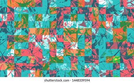Abstract background with elements of cobwebs and strokes. sharp forms of paints and stains on the background of square tiles. Aggressive vector design. blue, pink, orange colors