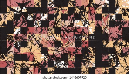 Abstract background with elements of cobwebs and strokes. sharp forms of paints and stains on the background of square tiles. Aggressive vector design. orange, brown, pink colors