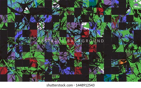 Abstract background with elements of cobwebs and strokes. sharp forms of paints and stains on the background of square tiles. Aggressive vector design. green, blue, red colors
