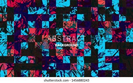 Abstract background with elements of cobwebs and strokes. sharp forms of paints and stains on the background of square tiles. Aggressive vector design. blue, purple, pink, orange colors