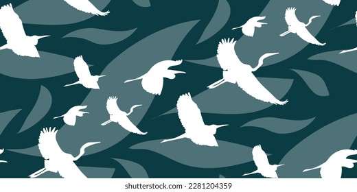 Abstract background with elements of feathers and white contours of flying birds. The outline of storks in a repeating pattern for printing on textiles and paper. Free print with birds on a blue