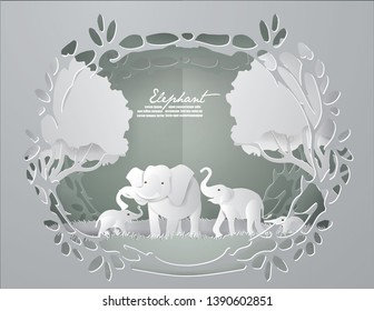 Abstract background with Elephants family in the  forest on nature background,paper craft style and illustration