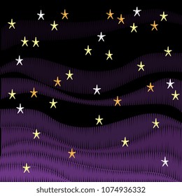 Abstract background with embroidery sky full of stars on black backdrop. Vector design.