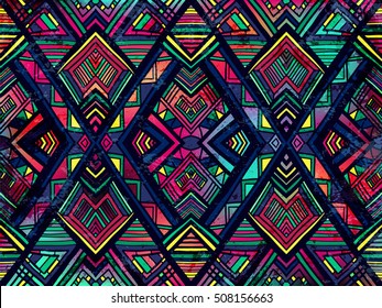 Abstract background. Ethnic ornament on grunge colorful texture. Ethnic geometric wallpaper. Creative vector backdrops. Aztec style illustration. Mexican or brazilian style design.