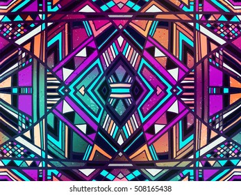 Abstract background. Ethnic ornament on grunge colorful texture. Ethnic geometric wallpaper. Creative vector backdrops. Aztec style illustration. Mexican or brazilian style design.