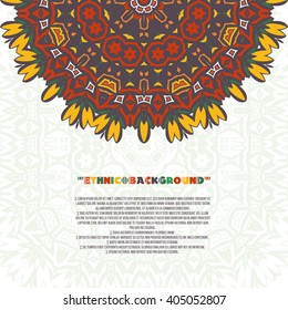 Abstract background with ethnic ornament pattern. Card template for greetings, invitations or posters with ethnic mandala pattern.