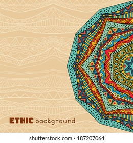 Abstract background with ethnic pattern. Copy space for your special text. Pattern for greeting cards, invitations or posters. Vector illustration.