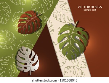 Abstract background, exotic monstera leaves on a bright geometric background. Template with place for text. Vector illustration for your design.
