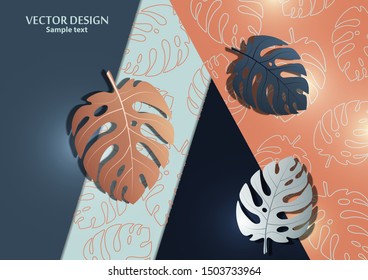 Abstract background, exotic monstera leaves on a bright geometric background. Template with place for text. Vector illustration for your design.