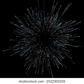 Abstract background explosion with lines from dots  and particles. Radial explode lines  in black universe.  Futuristic, technology vector background for banner, poster. 