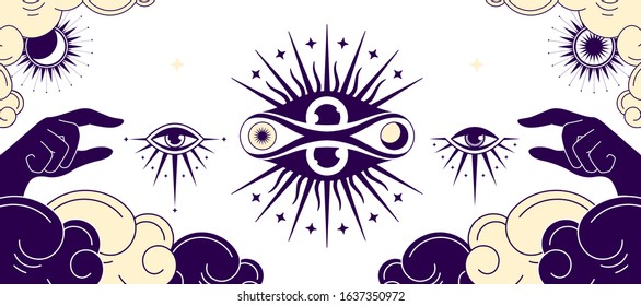 
Abstract background Eye of Providence.  Poster, card, banner, t-shirt design element. Vector illustration. Mystical drawing.