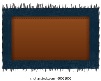 Abstract background from a fabric of dark blue color with the brown label sewn by threads