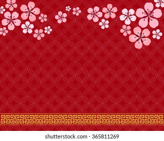 abstract background of fading circle lines and yellow square lines on red background with a pink blossom in chinese style for chinese new year or another graphic design