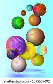 Abstract background with falling balls. vector illustration with multi-colored three-dimensional balls and a colorful pattern on a light turquoise background. For use in the design of the space.