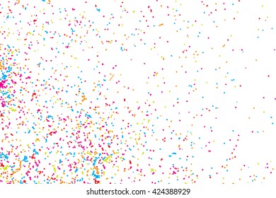 Abstract background with falling confetti. Many round random tiny glitter pieces. 
