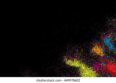 Abstract background, falling confetti. Many random tiny glitter pieces. Golden, red, blue and violet glitter Christmas random blow patterns. Abstract sparkle glittering background. Holiday texture. 