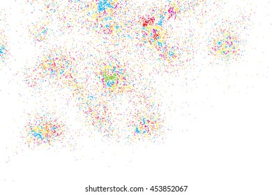Abstract background with falling confetti. Many round random tiny glitter pieces. 