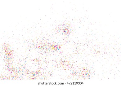 Abstract background with falling confetti. Many round random tiny glitter pieces. 