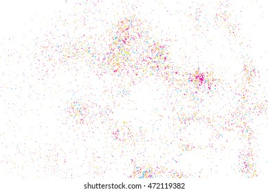 Abstract background with falling confetti. Many round random tiny glitter pieces. 