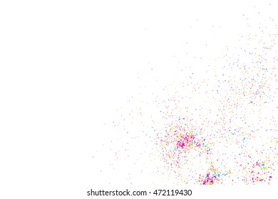 Abstract background with falling confetti. Many round random tiny glitter pieces. 