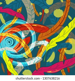 Abstract background of falling feathers, drops and swirl