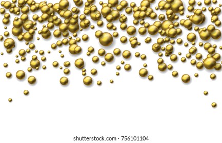 Abstract background of falling gold balls on white paper. Glitter pattern for  Christmas and New Year card, invitation for dinner, paper packaging. Vector illustration.