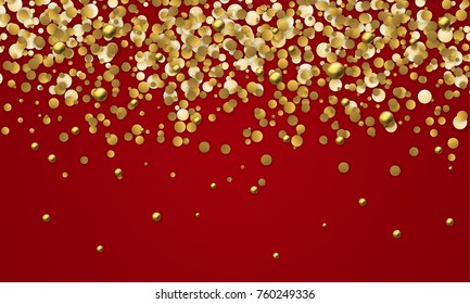 Abstract background of falling gold confetti, balls on red paper. Pattern for Christmas and New Year card, invitation for dinner, paper packaging. Vector illustration.